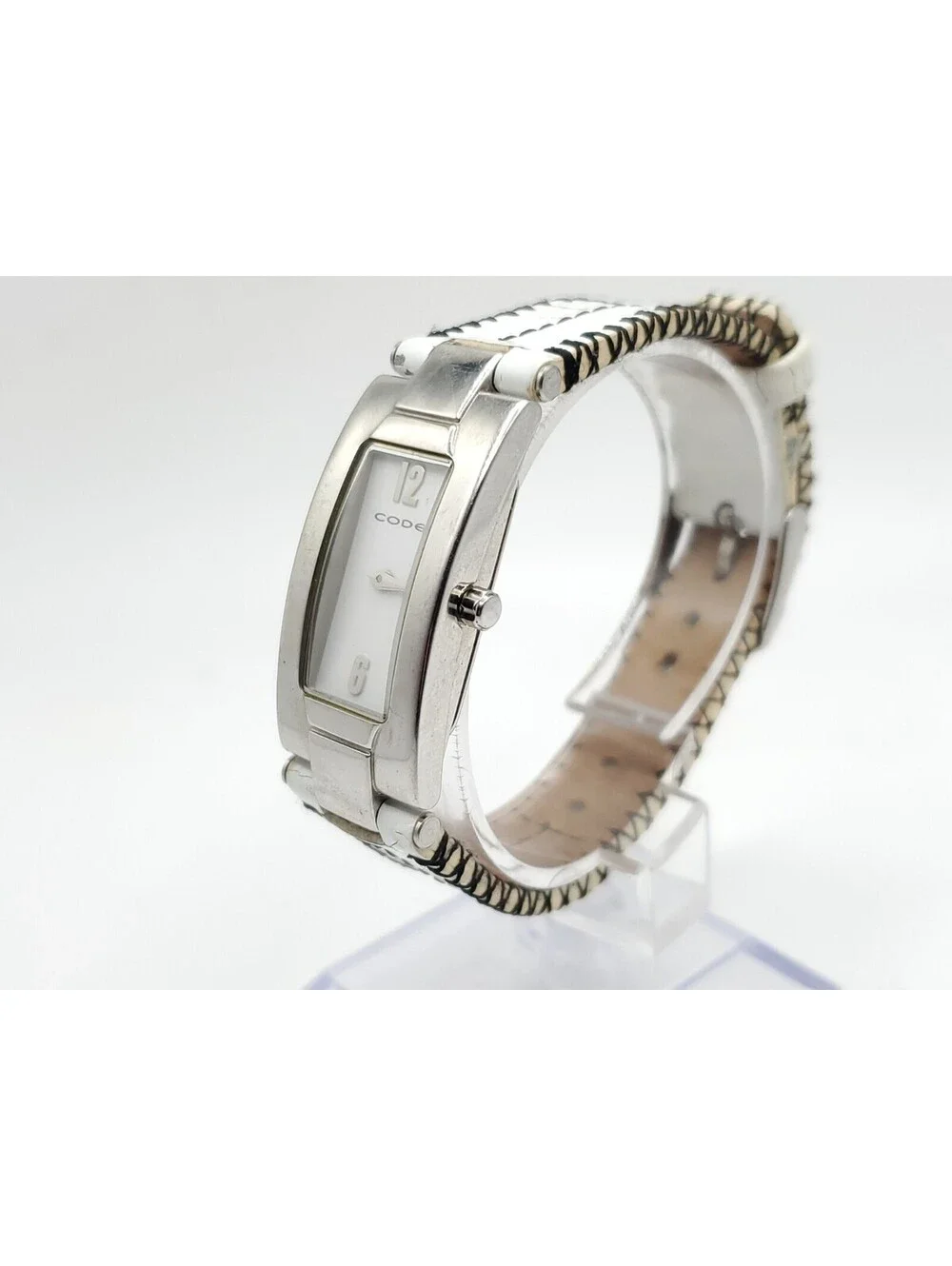 Code Quartz Womens Watch New Battery Siver Tone White Dial Rectangle 17mm